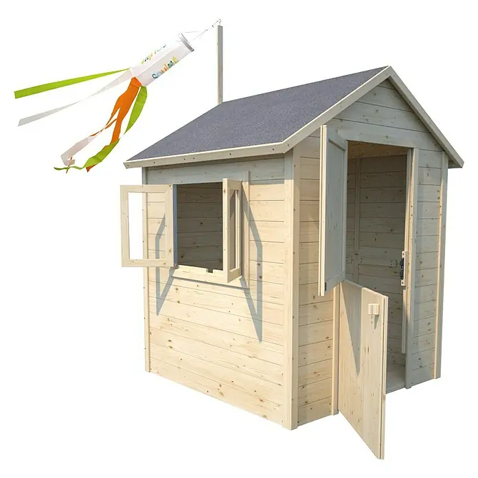 Soulet Spielhaus Garance - L x B x H: 141 x 127 x 162 cm, Holz - Ein helles Holzspielhaus mit grauem Dach, einer offenen Tür und Fenstern für kreatives Spielen im Freien.