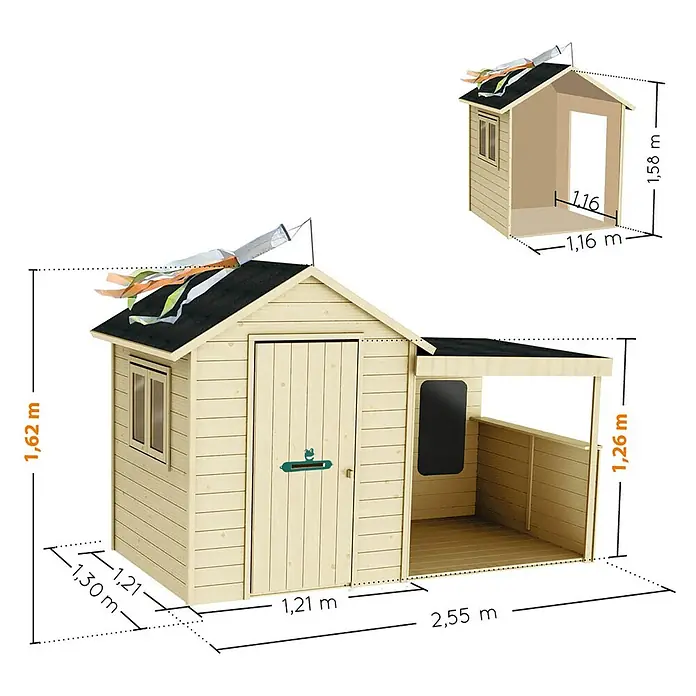 Soulet Spielhaus Sarah - L x B x H: 252 x 127 x 162 cm, Holz - Abbildung eines Holzspielhauses mit Maßen, einschließlich Höhe, Breite und Länge der verschiedenen Teile.