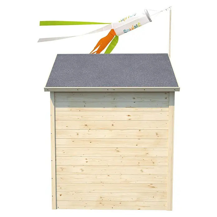 Soulet Spielhaus Garance - L x B x H: 141 x 127 x 162 cm, Holz - Eine Nahaufnahme eines hölzernen Spielhauses mit grauem Dach und bunten Windspielen, ideal für den Garten.