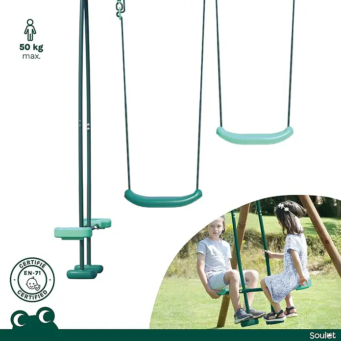 Soulet Doppelschaukel Polo - L x B x H: 30,7 x 18,9 x 22,2 cm, Holz - Eine grüne Kinderschaukel mit Metallgestell und zwei Schaukelsitzen für doppelten Spaß im Garten.