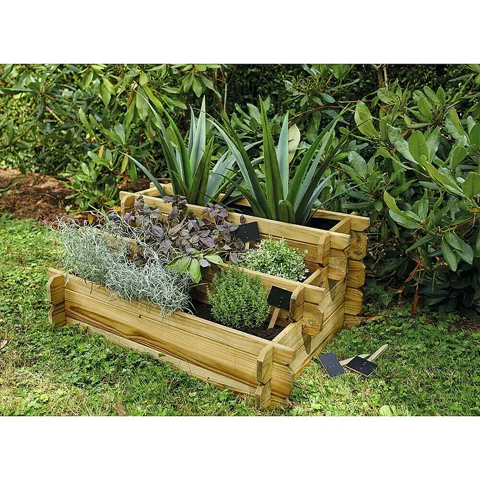 Soulet Hochbeet Angelic - 60 x 80 x 36 cm, Holz, Natur - Ein hölzernes, dreistöckiges Kräuterbeet mit verschiedenen Kräutern und Pflanzen, ideal für Garten und Balkon.