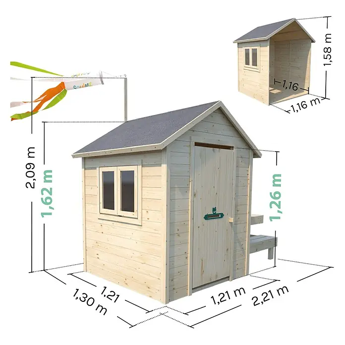 Soulet Spielhaus Tiana - L x B x H: 221 x 127 x 162 cm, Holz - Abbildung eines hölzernen Kinderspielhauses mit den Maßangaben, die auf dem Bild dargestellt sind, um einen besseren Überblick zu ermöglichen.