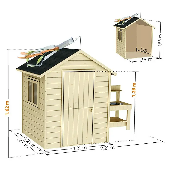 Soulet Spielhaus Jasmine - L x B x H: 221 x 127 x 162 cm - Abbildung eines Spielhauses aus Holz mit den Maßen 1,62 m Höhe, 1,21 m Breite und 2,21 m Länge.