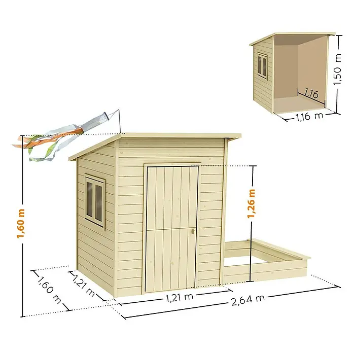Soulet Spielhaus Palm Springs - L x B x H: 264 x 160 x 160 cm, Holz - Abbildung eines Holzspielhauses mit Sandkasten und Größenangaben für Bau- oder Kaufentscheidungen.