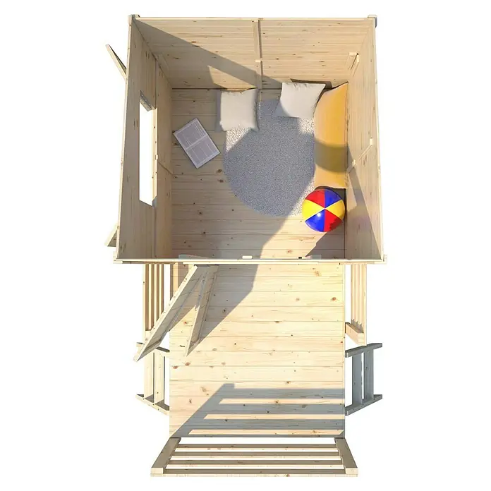 Soulet Spielhaus Oakland - L x B x H: 187 x 261 x 216 cm, Holz - Draufsicht eines Holzspielhauses mit Möbeln, Kissen und Strandball. Ideal zum Spielen und Entspannen im Freien.