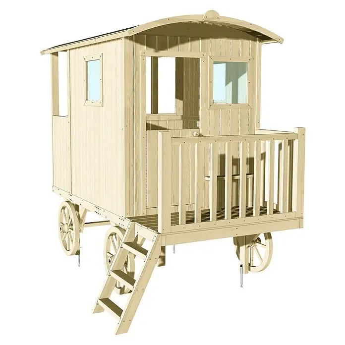 Soulet Spielhaus Carry - L x B x H: 262 x 155 x 203 cm, Holz - Bild eines hölzernen Spielhauses auf Rädern, das wie ein Wagen aussieht. Das Spielhaus hat Fenster und eine kleine Veranda mit Treppe.