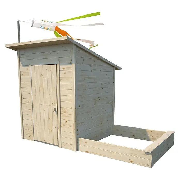 Soulet Spielhaus Palm Springs - L x B x H: 264 x 160 x 160 cm, Holz - Ein detailreiches Bild eines Holzgartenspielhauses mit Sandkasten. Das Haus verfügt über eine Holztür und ein schräges Dach.