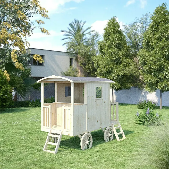 Soulet Spielhaus Carry - L x B x H: 262 x 155 x 203 cm, Holz - Das Foto zeigt einen hölzernen Spielwagen für Kinder im Garten, der zum fantasievollen Spielen im Freien einlädt.