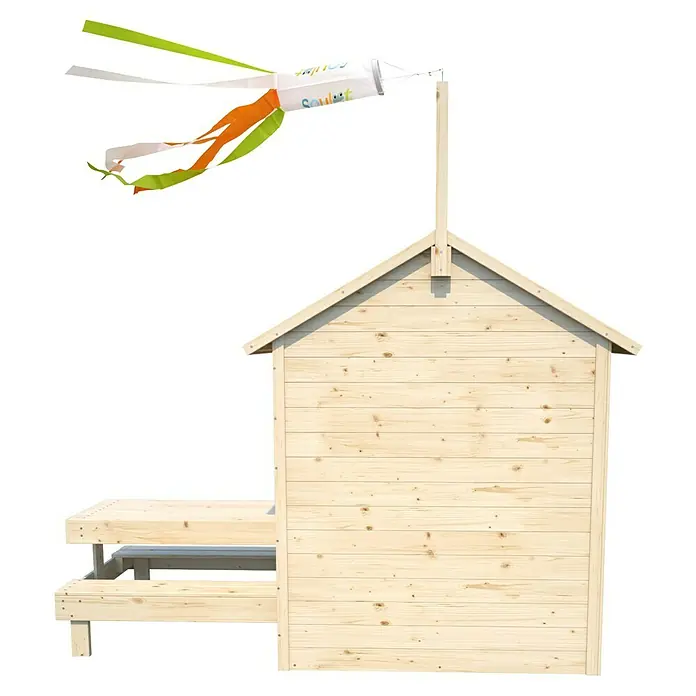 Soulet Spielhaus Tiana - L x B x H: 221 x 127 x 162 cm, Holz - Ein hölzernes Spielhaus mit Veranda und bunten Windspielen, ideal für fantasievolles Spielen im Freien.