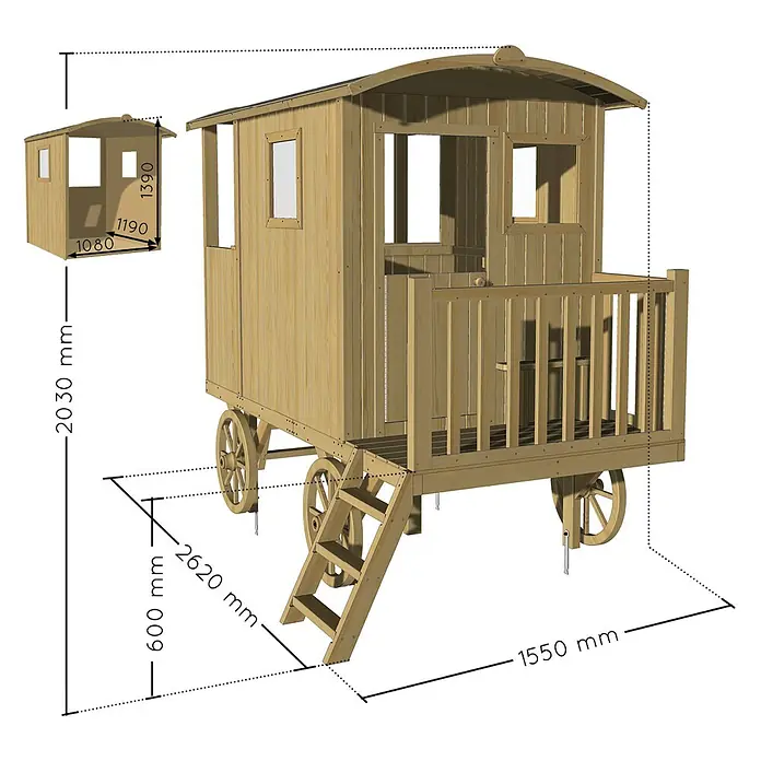 Soulet Spielhaus Carry - L x B x H: 262 x 155 x 203 cm, Holz - Illustration eines Holzspielhauses auf Rädern mit Maßen.