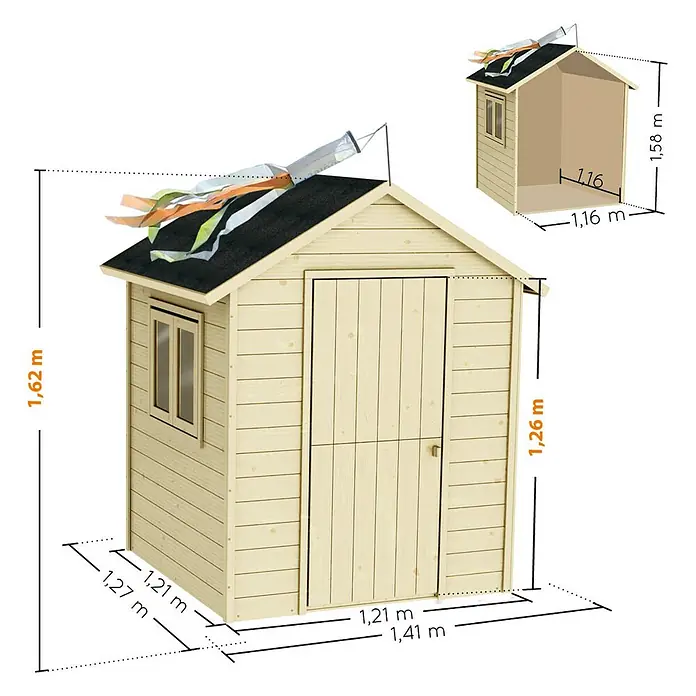 Soulet Spielhaus Garance - L x B x H: 141 x 127 x 162 cm, Holz - Abbildung eines Holzspielhauses mit Abmessungen, die seine Größe und räumliche Aufteilung veranschaulichen.
