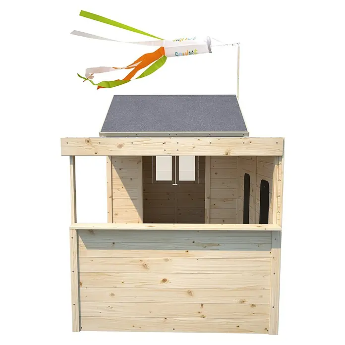 Soulet Spielhaus Sarah - L x B x H: 252 x 127 x 162 cm, Holz - Bild eines Holzspielhauses für Kinder mit grauen Dachziegeln, das zum Spielen im Freien konzipiert ist.