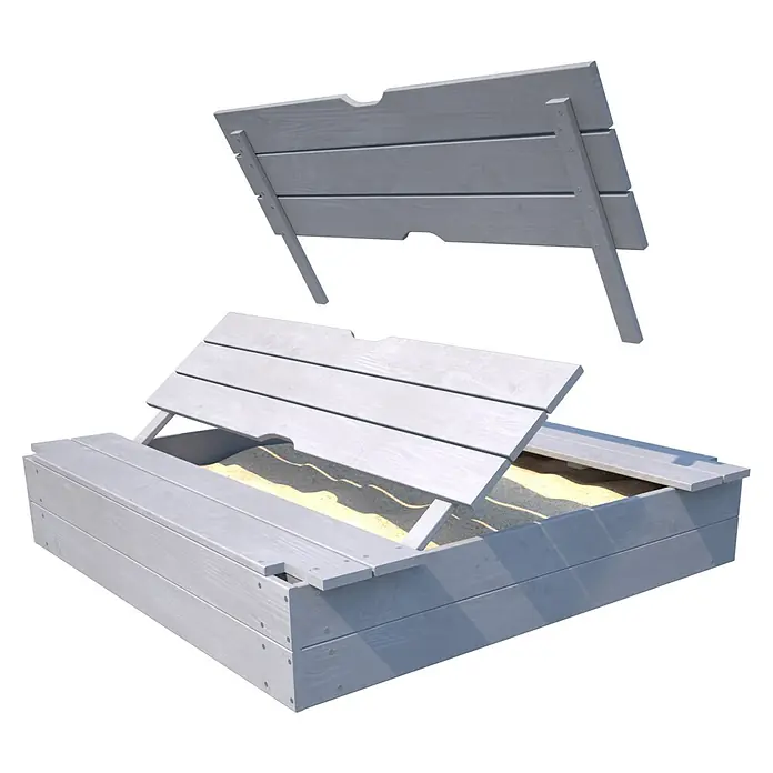 Soulet Sandkasten Sophie - 118 x 118 x 12,6 cm, Holz - Das Bild zeigt einen geöffneten Sandkasten mit grauem Holz, dessen Deckel hochgeklappt ist. Ideal für Kinder zum Spielen im Garten.