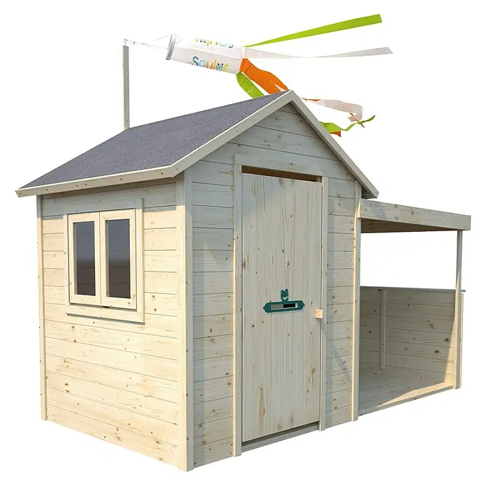 Soulet Spielhaus Sarah - L x B x H: 252 x 127 x 162 cm, Holz - Ein hölzernes Spielhaus mit Fenster, Tür mit Briefschlitz und überdachtem Bereich zum Spielen im Freien.