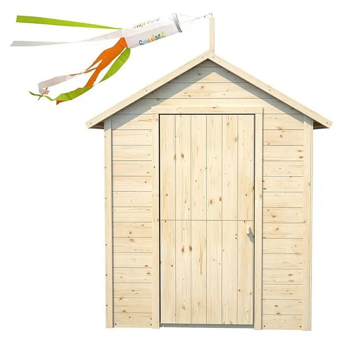 Soulet Spielhaus Garance - L x B x H: 141 x 127 x 162 cm, Holz - Ein hölzernes Spielhaus mit einer Windfahne auf dem Dach, die das Produkt "Soulet" hervorhebt. Ideal für Kinder zum Spielen im Garten.