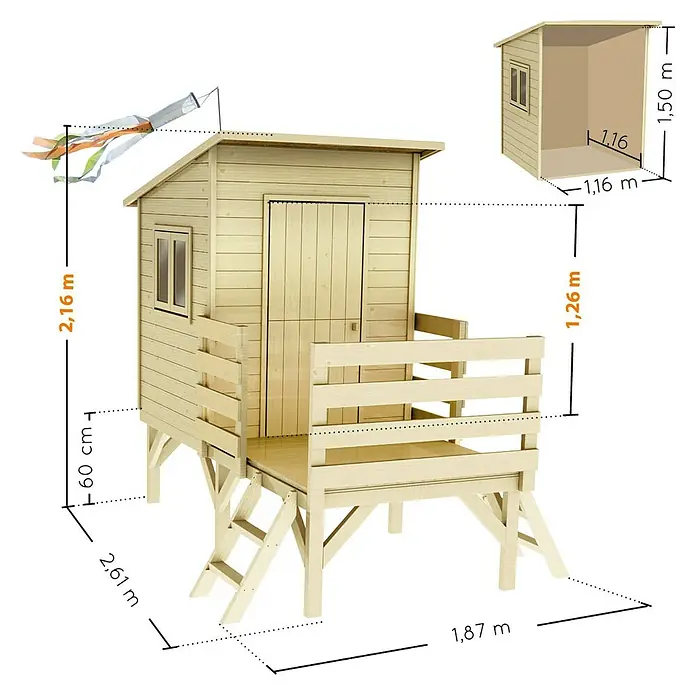 Soulet Spielhaus Oakland - L x B x H: 187 x 261 x 216 cm, Holz - Abbildung eines Spielhauses aus Holz mit den Maßen 2,61 m Höhe, 1,87 m Breite und 1,26 m Tiefe.