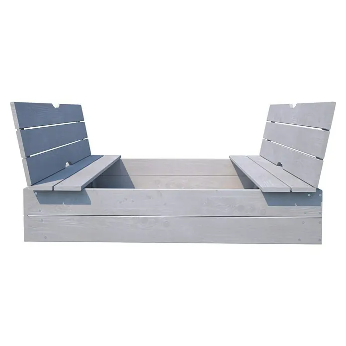 Soulet Sandkasten Sophie - 118 x 118 x 12,6 cm, Holz - Graue Holzsandkiste mit integrierten Bänken und Rückenlehnen, ideal für Kinder zum Spielen im Freien und zur Entspannung.