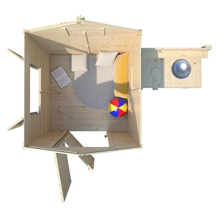Soulet Spielhaus Jasmine - L x B x H: 221 x 127 x 162 cm - Draufsicht eines Holzspielhauses mit Möbeln, Kissen, einer Matte und einem bunten Ball. Ideal für Kinder zum Spielen und Entspannen.