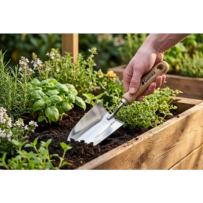Gardol Schaufel - Breite: 6,5 cm, Esche, Edelstahl - Nahaufnahme einer Gardol Pflanzkelle in einem Hochbeet, umgeben von frischen Kräutern, ideal für Gartenarbeiten und Bepflanzung.