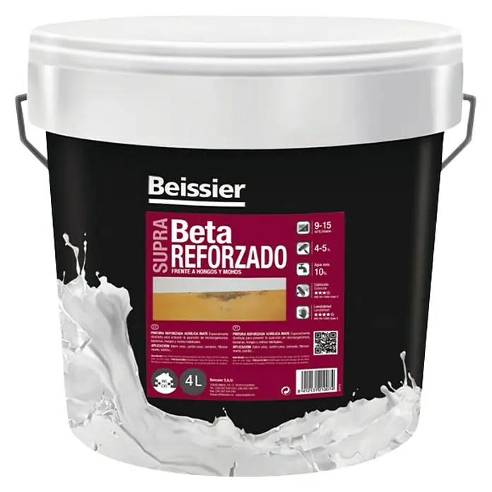 Beissier Pintura acrílica Beta Reforzado - Blanco, 4 l - Un cubo de pintura reforzada Beissier Supra Beta, protege contra hongos y moho para resultados de alta calidad.