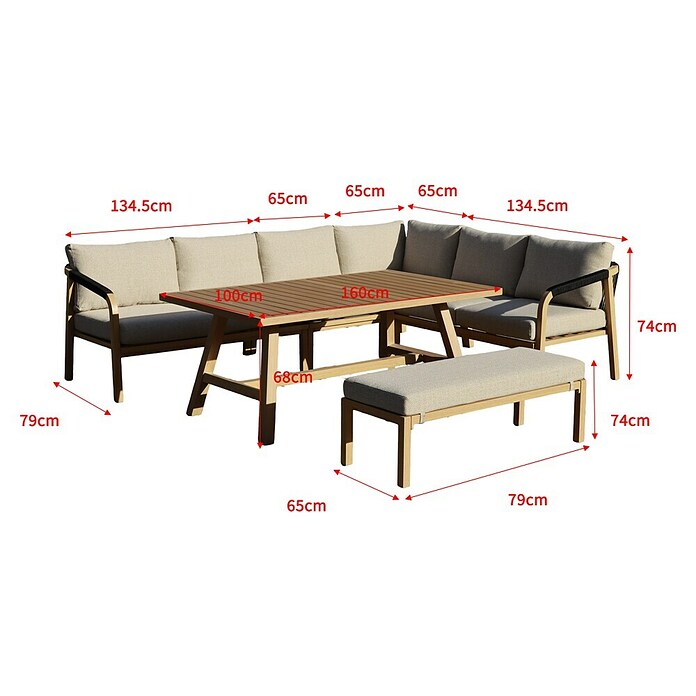 Sunfun Conjunto de muebles Monti (6 pzs., Aluminio con transferencia térmica de teca/Poliéster, Marrón/Gris) | BAUHAUS
