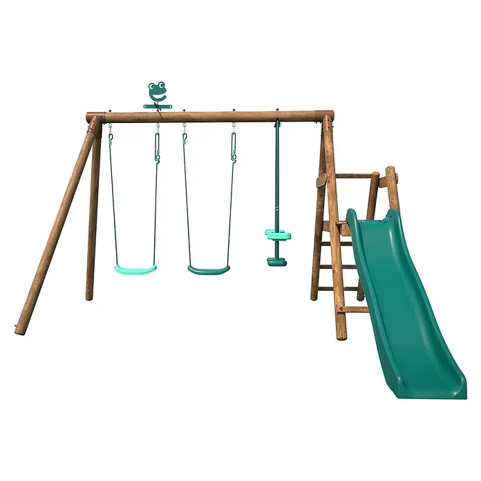 Soulet Schaukel Figue - B x L: 283 x 312 cm, Holz - Ein hölzernes Spielplatz-Set mit Schaukeln, einer Wippe und einer Rutsche, ideal für Kinder zum Spielen im Freien.