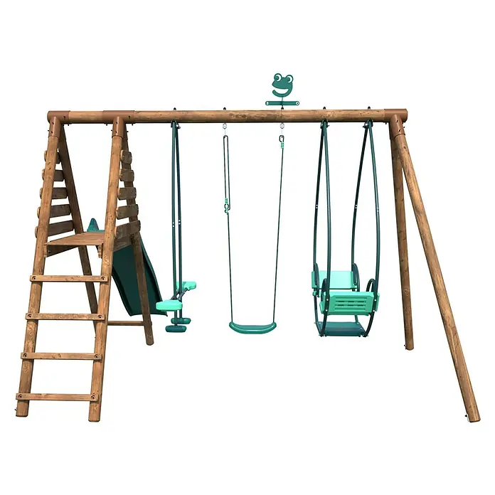 Soulet Schaukel Nigel - B x L: 354 x 324 cm, Holz - Abbildung eines Spielplatzes mit Schaukeln, einer Rutsche und einer Kletterstruktur aus Holz. Perfekt für stundenlangen Spielspaß im Freien.