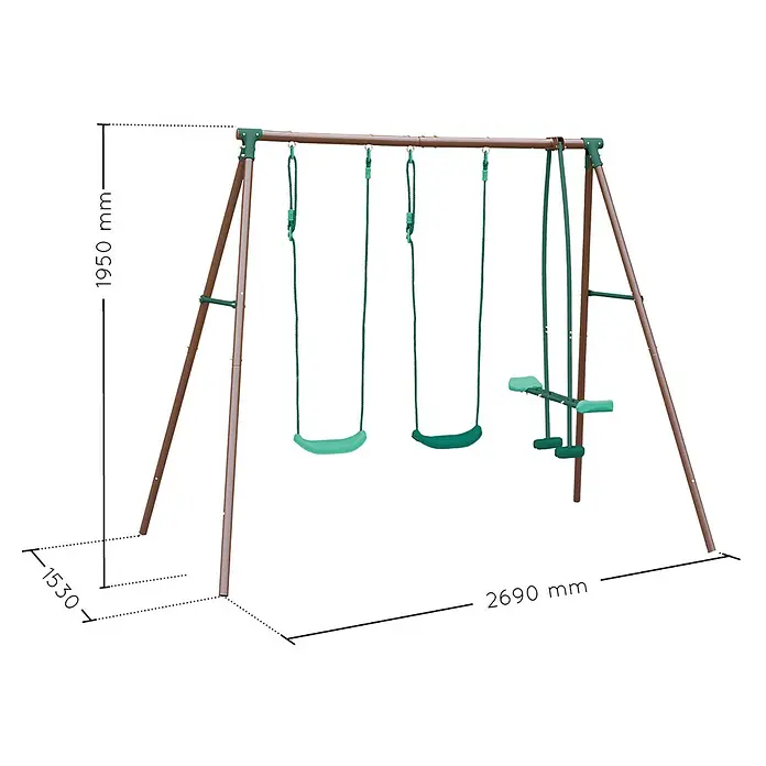 Soulet Schaukel Malo - B x L: 269 x 153 cm, Metall - Abbildung eines Gartenspielplatzes mit Schaukel und Doppelschaukel. Die Maße des Spielplatzes sind angegeben.
