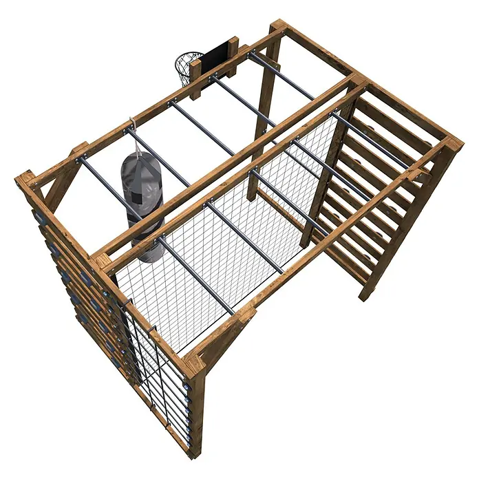 Soulet Kinderspielturm Olympic Odin - L x B x H: 216 x 153 x 209 cm - Das Bild zeigt eine hölzerne Trainingsstruktur mit einer Boxsackaufhängung, ideal für das Boxtraining. Die Konstruktion ist robust und vielseitig.
