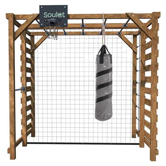 Soulet Kinderspielturm Olympic Odin - L x B x H: 216 x 153 x 209 cm - Vielseitige Outdoor-Fitnessanlage mit Boxsack, Basketballkorb und Klettergerüst für ein umfassendes Trainingserlebnis im Freien.