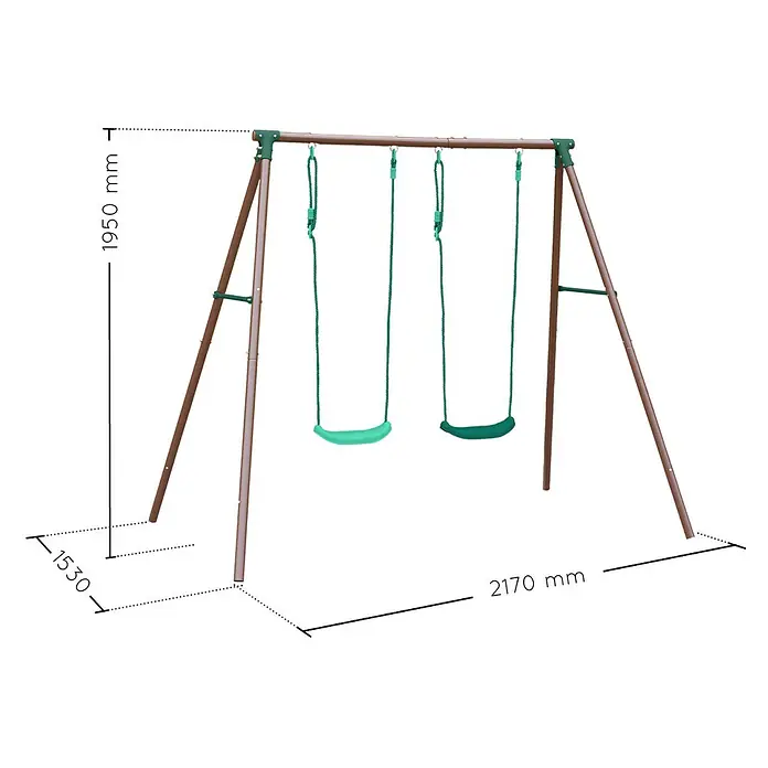 Soulet Schaukel Malo - B x L: 217 x 153 cm, Holz - Abbildung eines braunen Metallschaukelgestells mit zwei Schaukeln und den Maßen 1950 mm, 1530 mm und 2170 mm.