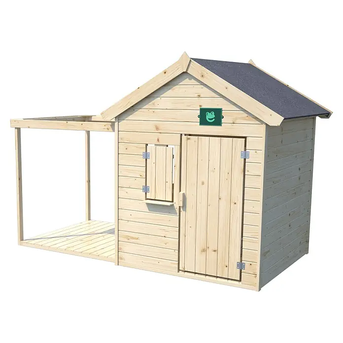 Soulet Spielhaus Epicerie - L x B x H: 245 x 128 x 165 cm, Holz - Ein hölzernes Spielhaus mit Veranda und grünem Froschsymbol. Das Spielhaus verfügt über ein Fenster, eine Tür und ein graues Dach.
