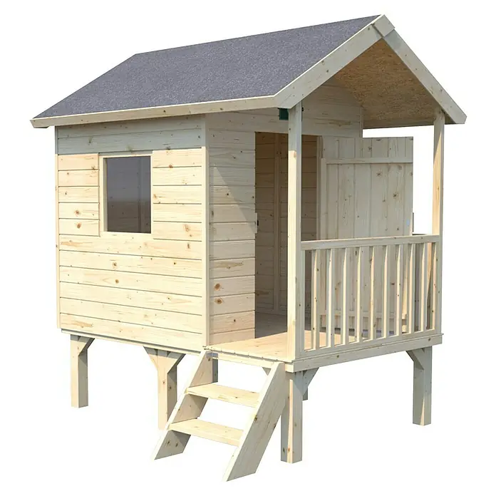 Soulet Spielhaus Kangourou - L x B x H: 167 x 181 x 200 cm, Holz - Bild eines Holzspielhauses mit Stufen und Veranda. Perfekt für fantasievolles Spielen im Garten und bietet Kindern einen sicheren Ort zum Spielen.