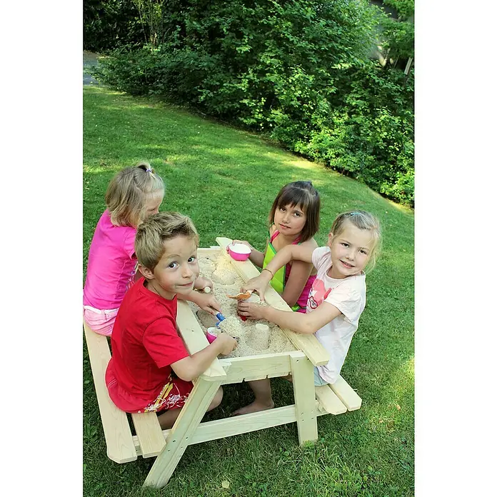 Soulet Kinder-Picknicktisch - L x B x H: 915 x 900 x 500 mm, Holz - Kinder spielen am Sandkasten-Picknicktisch im Garten. Der Holztisch bietet Platz zum Sitzen und Spielen mit Sandspielzeug.