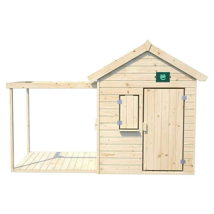 Soulet Spielhaus Epicerie - L x B x H: 245 x 128 x 165 cm, Holz - Abbildung eines Spielhauses aus Holz mit Veranda, Tür und Fenster. Das Haus ist mit einem grünen Froschlogo versehen.