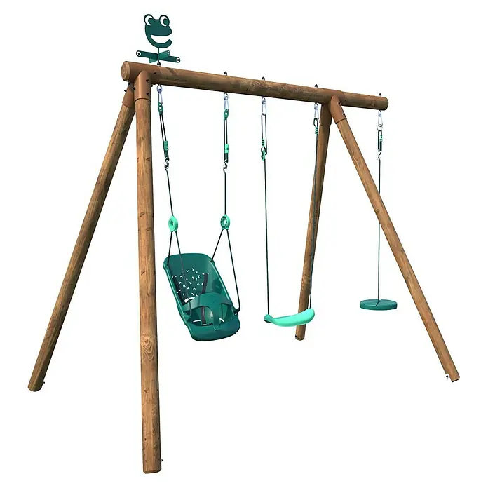 Soulet Schaukel Tiago - B x L: 166 x 242 cm, Holz - Ein detailreiches Bild einer Schaukel mit Babysitz und Klettergerüst vor schwarzem Hintergrund.