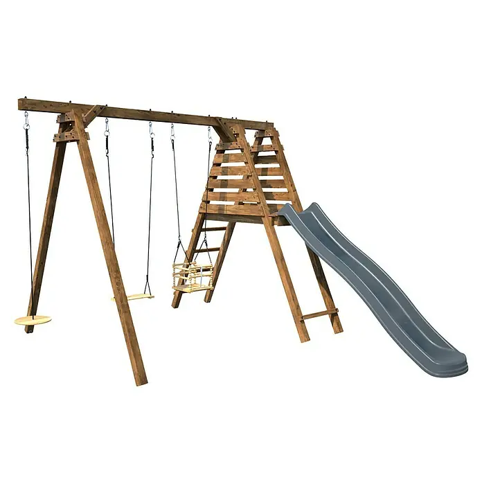 Soulet Schaukel Fleur - B x L: 351 x 286 cm, Holz - Ein hölzernes Spielgerüst mit Schaukeln, einem Kletterturm und einer Rutsche. Perfekt für Kinder zum Spielen im Freien.