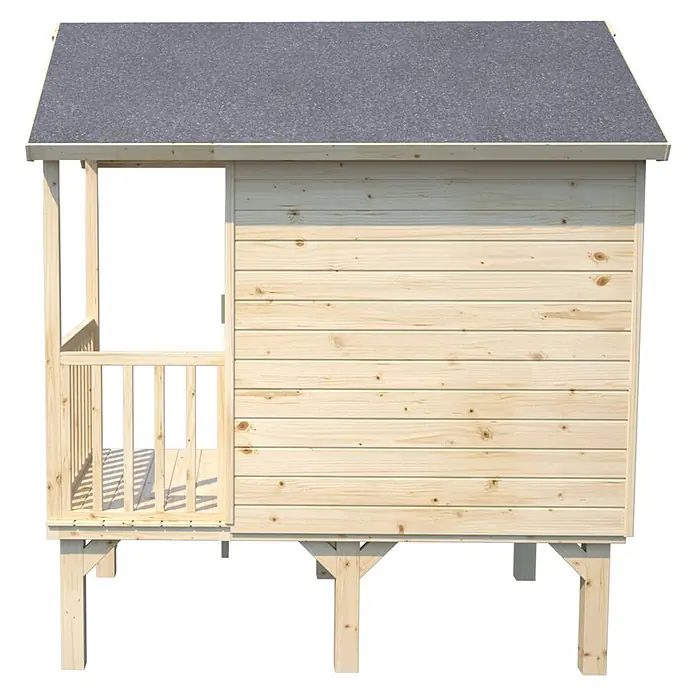 Soulet Spielhaus Kangourou - L x B x H: 167 x 181 x 200 cm, Holz - Detailansicht eines Holzspielhauses mit grauem Dach, das auf Stelzen steht und eine kleine Veranda hat.