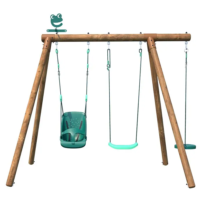 Soulet Schaukel Tiago - B x L: 166 x 242 cm, Holz - Eine detailreiche Aufnahme einer Kinderschaukel mit Babysitz und normalem Sitz vor einem gestreiften Hintergrund.