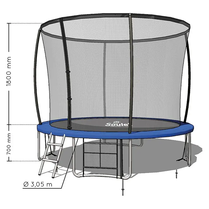 Soulet Trampolin - Ø x H: 366 x 260 cm - Abbildung eines runden Gartentrampolins mit Sicherheitsnetz, blauer Umrandung und Leiter mit den Maßen 3,05 m Durchmesser und 1,8 m Höhe.