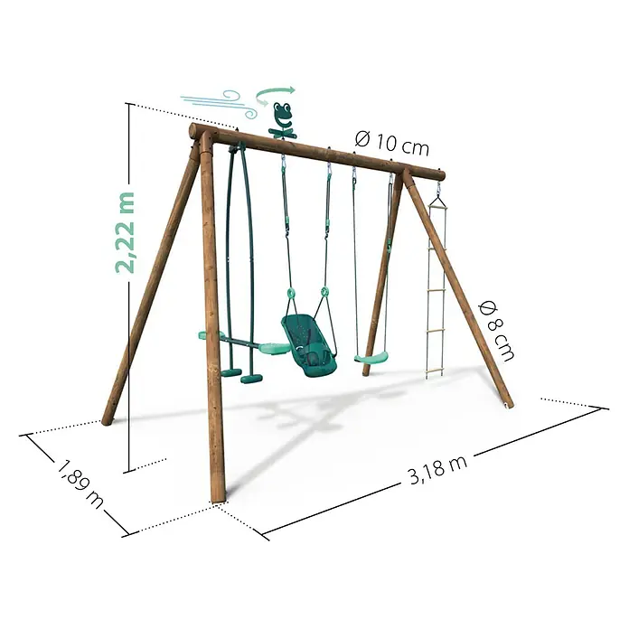 Soulet Schaukel Suzon - B x L: 318 x 189 cm, Holz - Abbildung eines Gartenspielplatzes mit Schaukeln und Klettergerüst, inklusive Maßangaben für Höhe, Länge und Durchmesser der Holzbalken.