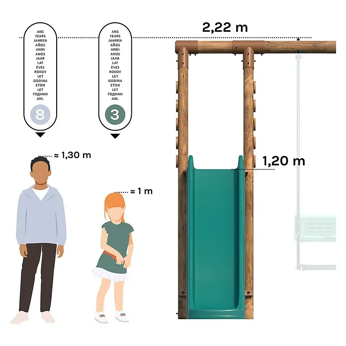 Soulet Schaukel Lavande - B x L: 354 x 343 cm, Holz - Abbildung eines Spielplatzes mit Rutsche und Schaukel, geeignet für Kinder ab 3 Jahren, mit einer Höhe von 2,22 m.