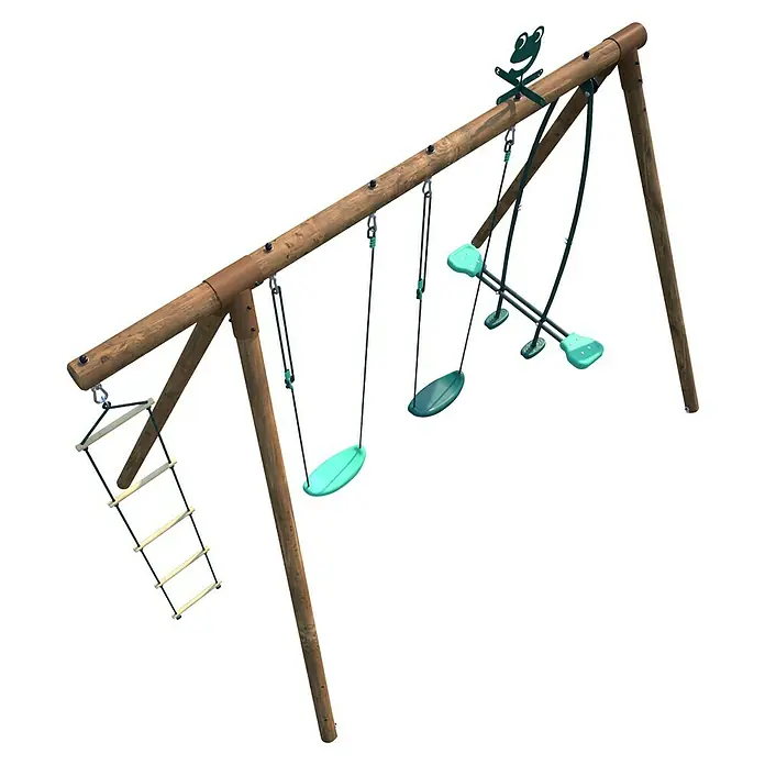 Soulet Schaukel Gabin - B x L: 1.890 x 3.180 mm, Holz - Ein Spielplatz-Schaukelgerüst aus Holz mit Schaukeln und einer Strickleiter. Ein tolles Spielgerät für Kinder zum Spielen im Freien.