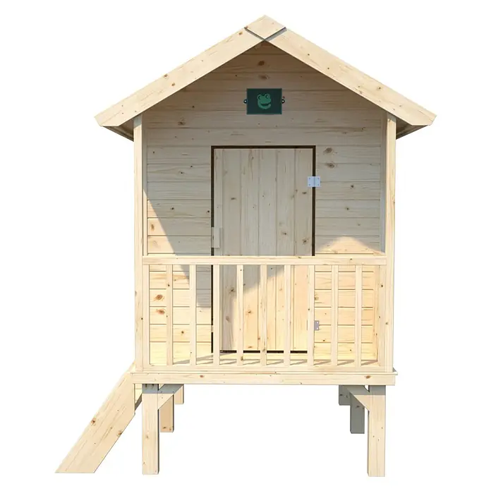 Soulet Spielhaus Kangourou - L x B x H: 167 x 181 x 200 cm, Holz - Holzspielhaus mit Tür und Geländer. Ideal für Kinder zum Spielen im Garten. Das Haus hat ein grünes Frosch-Logo.