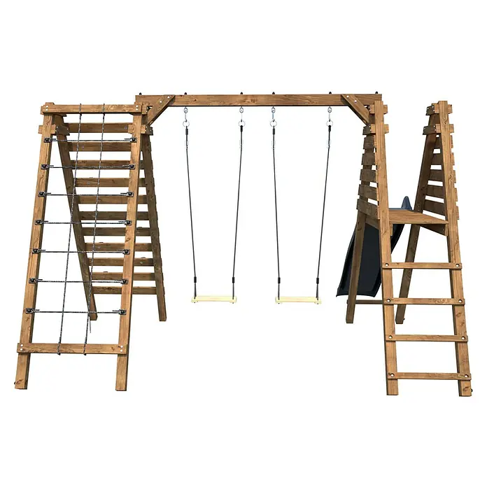 Soulet Kinderspielturm Isis - L x B x H: 3.230 x 3.530 x 2.200 mm, Holz - Holzspielplatz mit Kletterwand, Strickleiter und Schaukel für Kinder zum Spielen im Freien.