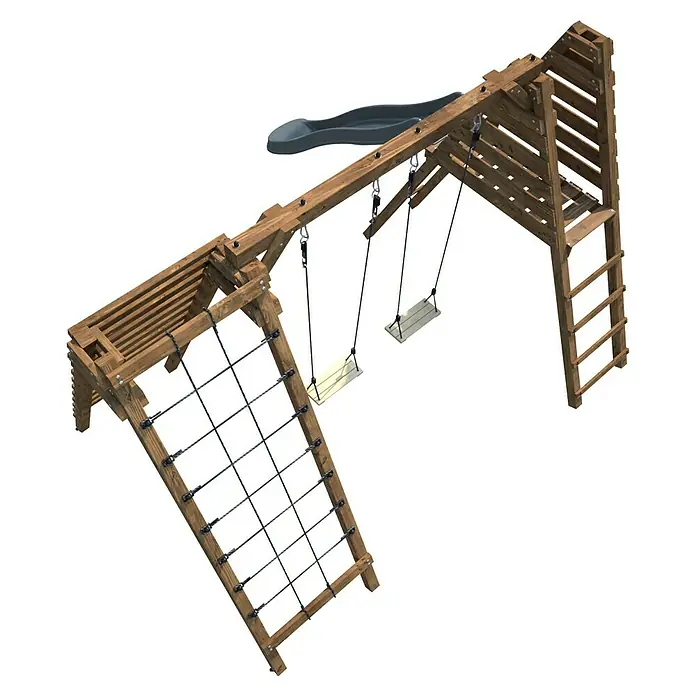 Soulet Kinderspielturm Isis - L x B x H: 3.230 x 3.530 x 2.200 mm, Holz - Holzkonstruktion mit Kletternetz, Sprossenwand, Schaukeln und Rutsche für Kinder zum Spielen und Toben im Freien.