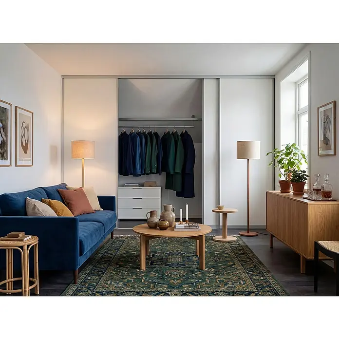 Room Plaza Easy Doing Schiebetür-Bau-Set - Reinweiß Miniperl, Farbe Beschlag: Silber - Wohnzimmer mit blauem Samtsofa, Holztisch, Teppich und großem Kleiderschrank mit Schiebetüren, der viel Stauraum bietet.