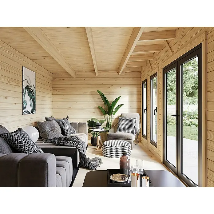 Palmako Gartenhaus Aurelia - Außenmaß inkl. Dachüberstand (B x T): 995 x 404 cm, Holz, Hellbraun, Inklusive überdachtem Freisitz und Abstellraum mit separatem Zugang - Helle, gemütliche Holzhütte mit grauer Couch, Sessel und vielen Fenstern, die einen Blick ins Grüne bieten. Moderne Einrichtung für entspanntes Wohnen.