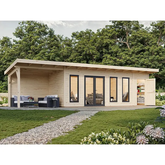 Palmako Gartenhaus Aurelia - Außenmaß inkl. Dachüberstand (B x T): 995 x 404 cm, Holz, Hellbraun, Inklusive überdachtem Freisitz und Abstellraum mit separatem Zugang - Moderne Holzgartenlaube mit überdachter Terrasse, Fenstern und praktischem Abstellraum. Ideal für Entspannung und Lagerung im Freien.