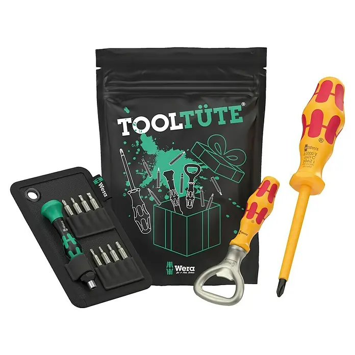 Wera Werkzeug-Set Tooltüte 4.0 - 12 -tlg. - Eine Nahaufnahme der Wera Tooltüte, die verschiedene Schraubendreher-Sets und Werkzeuge mit dem Wera-Logo zeigt.